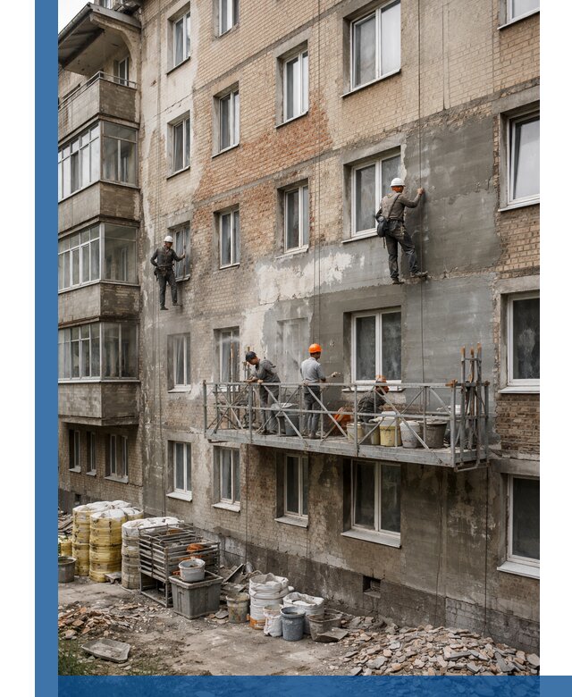 Капитальный ремонт фасада в Южноуральске с восстановлением и гидроизоляцией