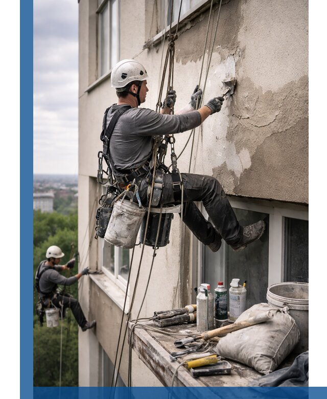 Косметический ремонт фасада зданий в Южноуральске промышленными альпинистами