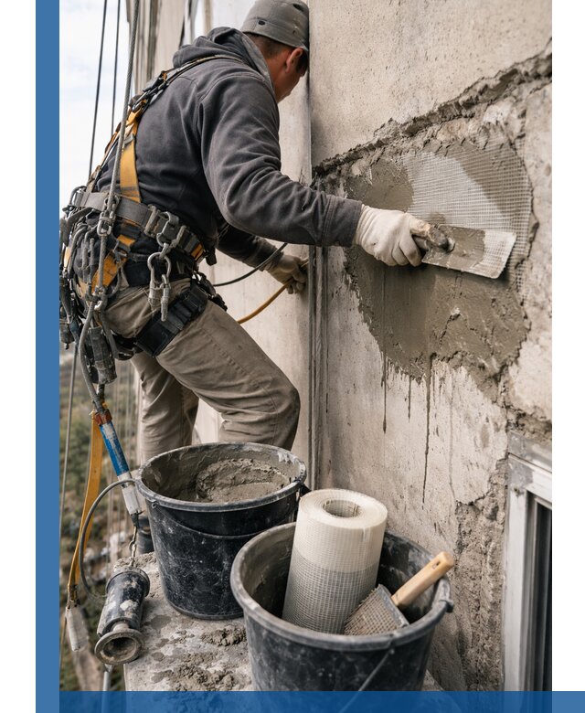 Ремонт бетонных элементов фасада промышленными альпинистами в Южноуральске