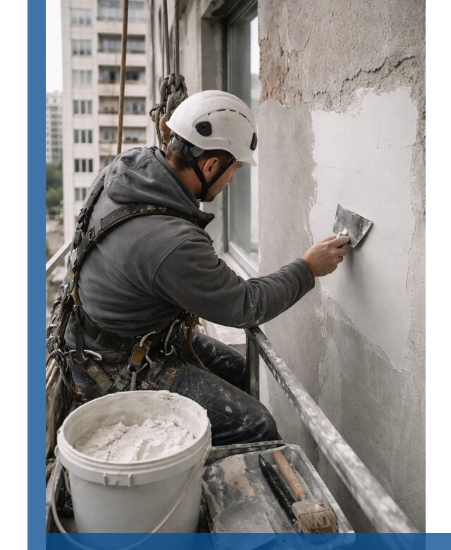 Шпаклевка фасадов на высоте с промальпинистами в Южноуральске