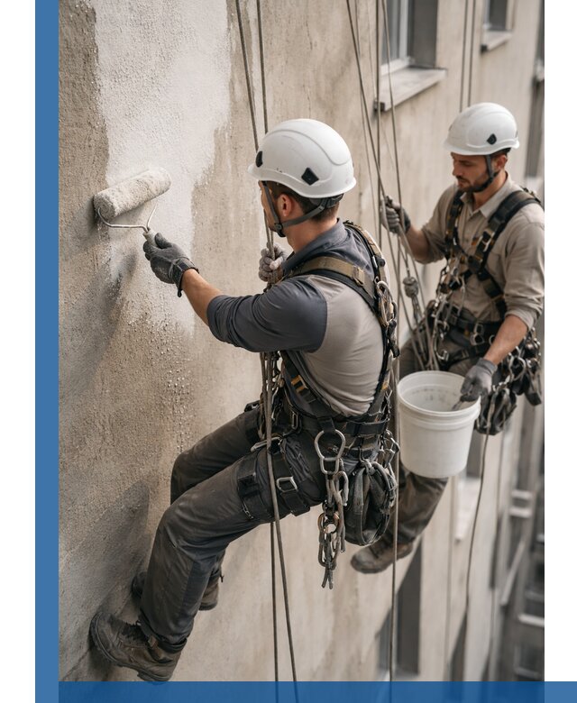 Грунтовка фасада на высоте в Южноуральске промышленными альпинистами