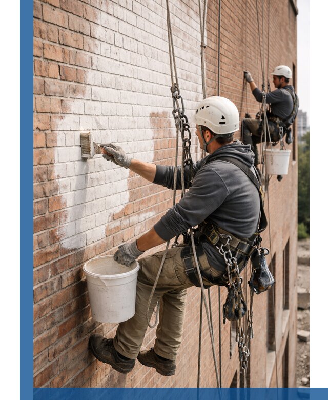 Покраска кирпичного фасада с доступным альпинистским сервисом в Южноуральске