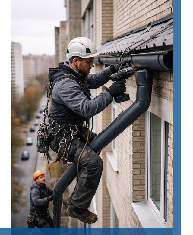 Монтаж водосточной системы на здании в Южноуральске от 5468 р. | ВЫСОТНИК-Жрк