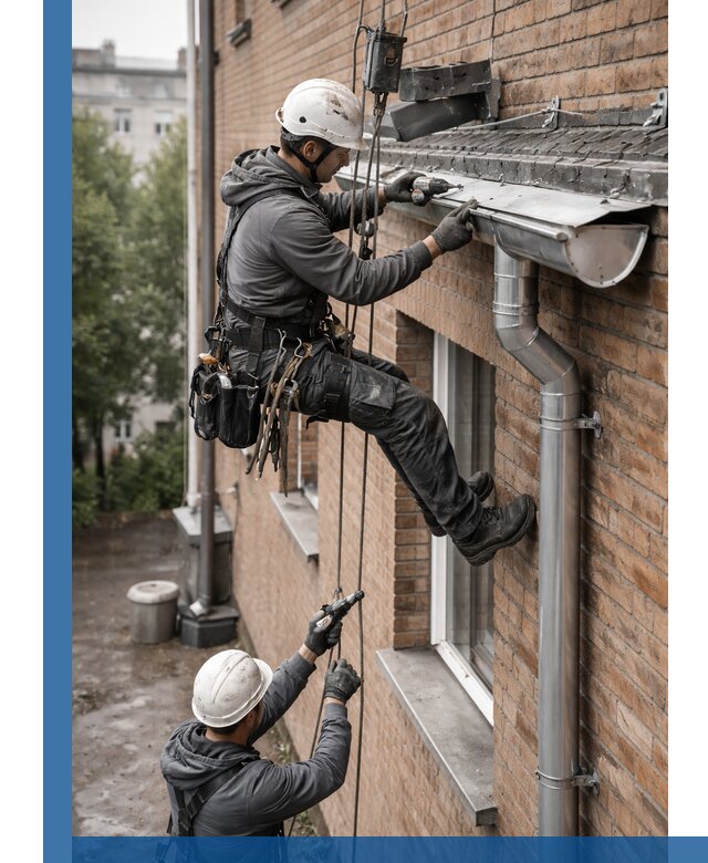 Монтаж водосточной системы на здании в Южноуральске под ключ