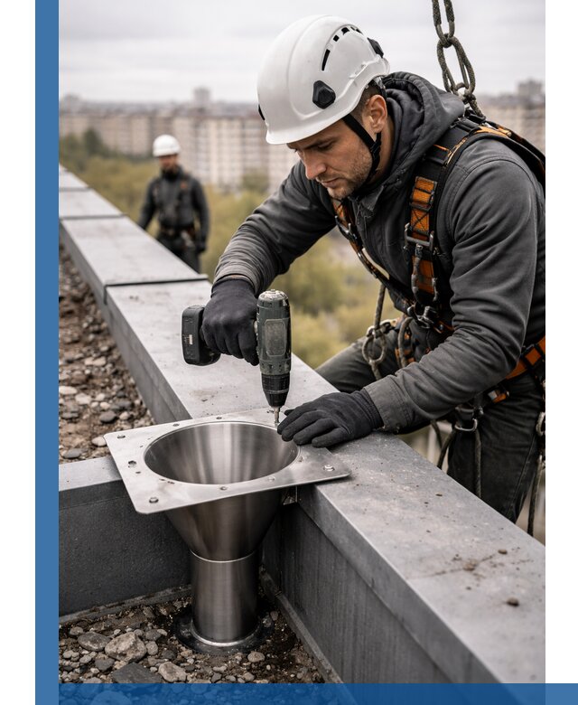 Монтаж водосточных воронок в Южноуральске для промышленных зданий