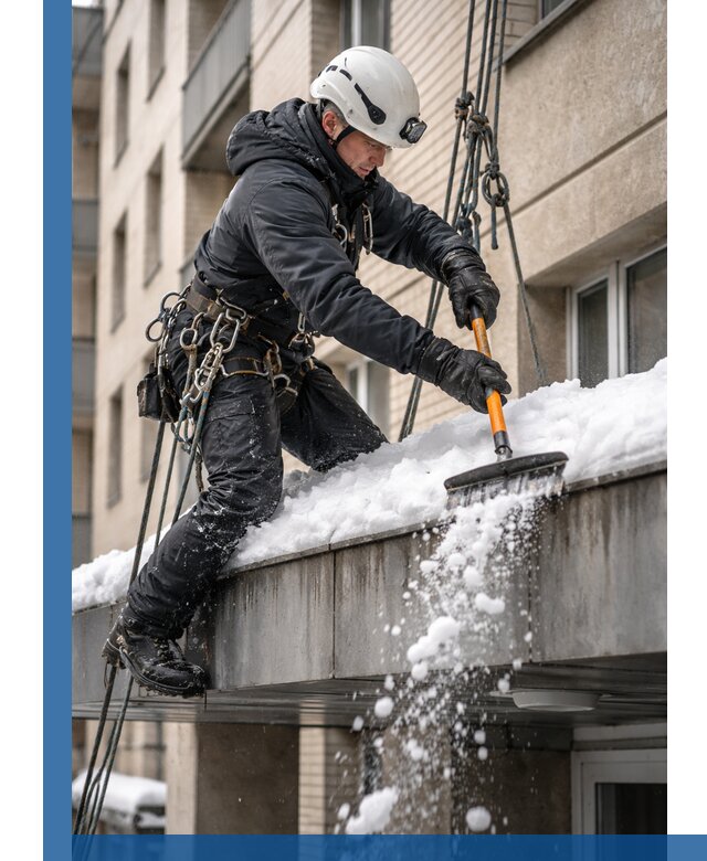 Очистка козырьков от снега в Южноуральске круглогодично безопасно
