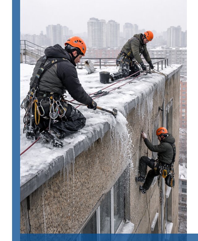 Удаление наледи с кровли в Южноуральске промышленными альпинистами