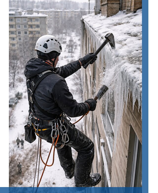 Сбивание сосулек с крыши в Южноуральске по цене от 4921 р. | ВЫСОТНИК-Жрк