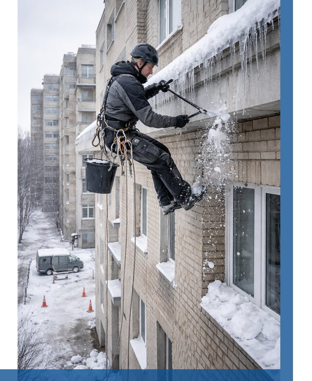 Удаление наледи с карнизов в Южноуральске от 383 р. | ВЫСОТНИК-Жрк