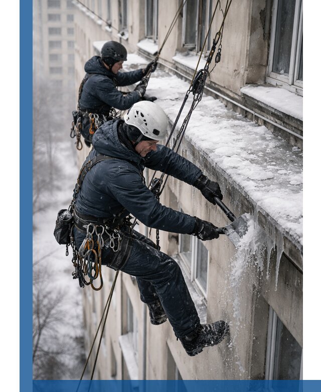 Удаление наледи и сосулек с карнизов в Южноуральске профессионально