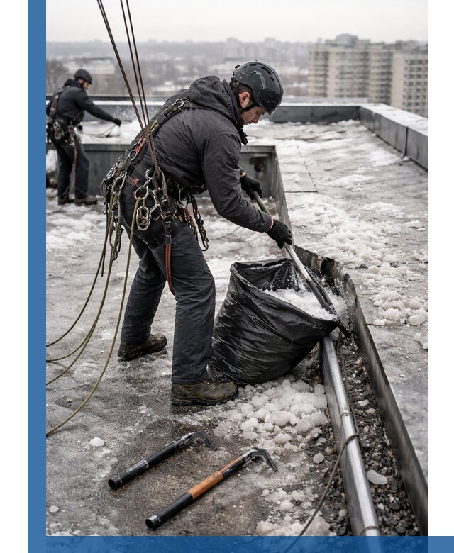 Аварийная очистка кровли в Южноуральске от промальпинистов