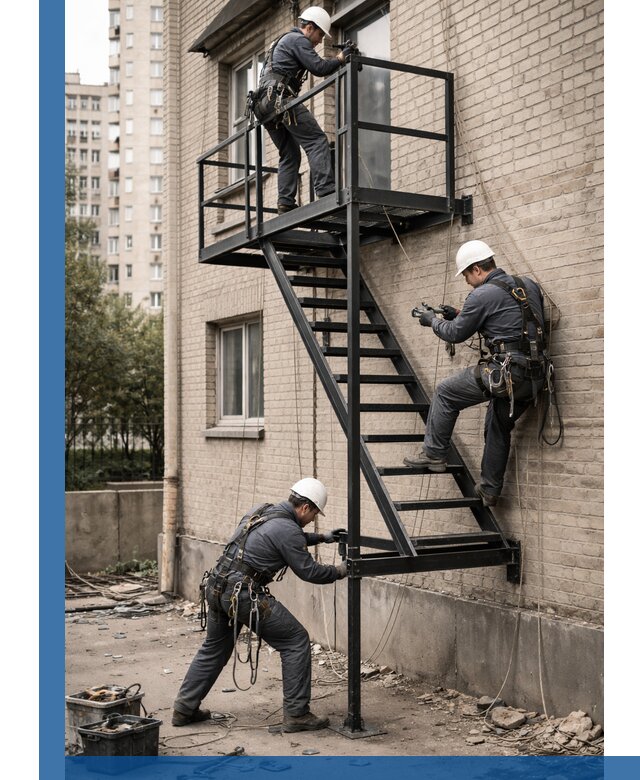 Монтаж пожарной лестницы в Южноуральске, установка и крепление