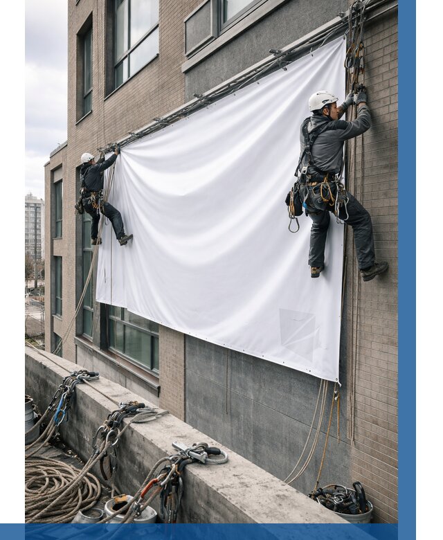 Монтаж баннеров на фасаде в Южноуральске от 711 р. заказать ВЫСОТНИК-Жрк