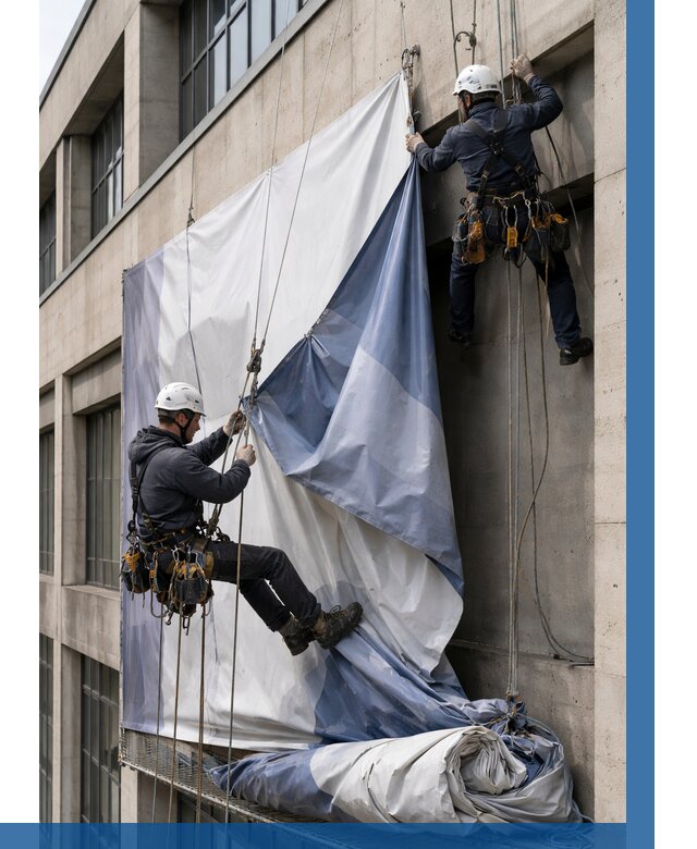 Демонтаж баннеров с фасада в Южноуральске от 4921 р. | ВЫСОТНИК-Жрк