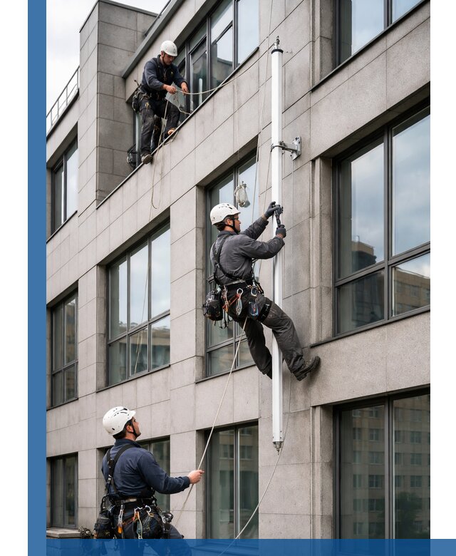 Монтаж флагштока на фасаде здания с креплением и герметикой в Южноуральске