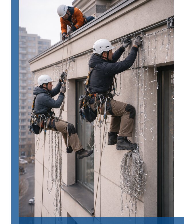 Монтаж праздничных гирлянд на фасаде в Южноуральске для зданий