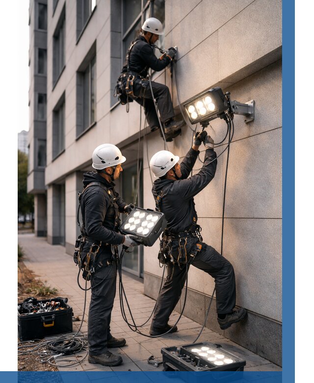 Монтаж прожекторов на фасаде в Южноуральске от 8202 р. | ВЫСОТНИК-Жрк