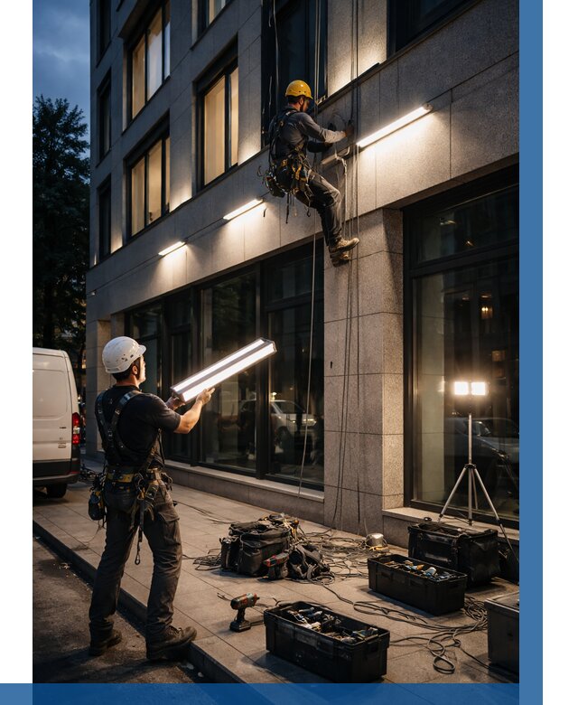 Монтаж архитектурной подсветки здания в Южноуральске от 2734 р.|ВЫСОТНИК-Жрк