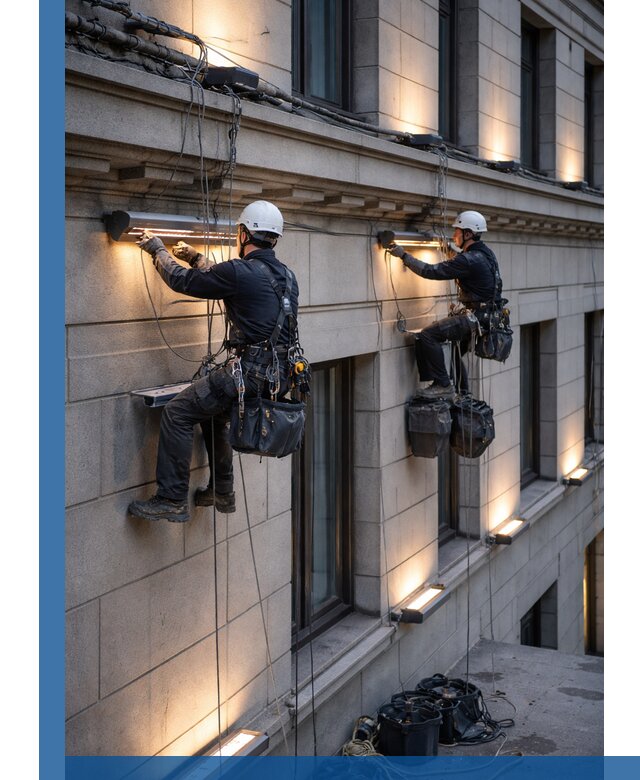 Монтаж архитектурной подсветки фасадов зданий в Южноуральске