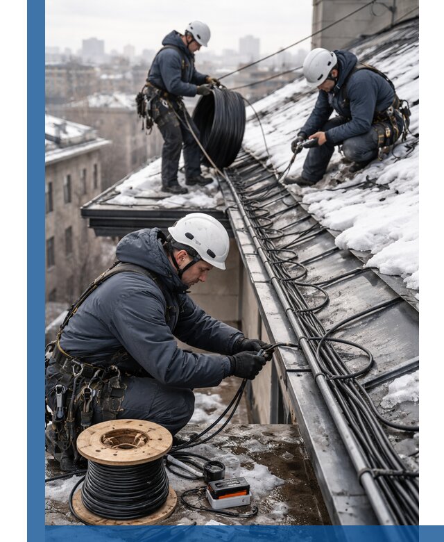Монтаж греющего кабеля на кровле в Южноуральске под ключ