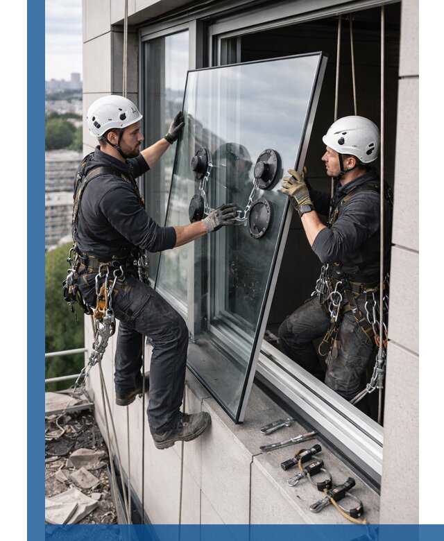 Замена стеклопакетов на высоте с промышленными альпинистами в Южноуральске