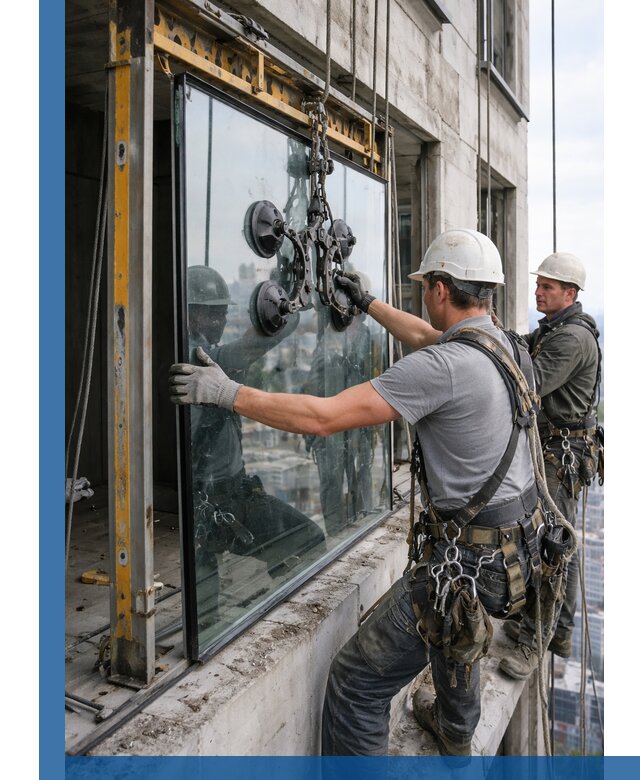 Монтаж стеклопакетов на высоте в Южноуральске с промышленным альпинизмом