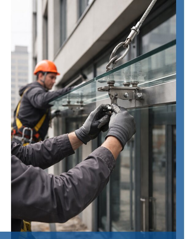 Монтаж стеклянных козырьков в Южноуральске от 9296 р. | ВЫСОТНИК-Жрк