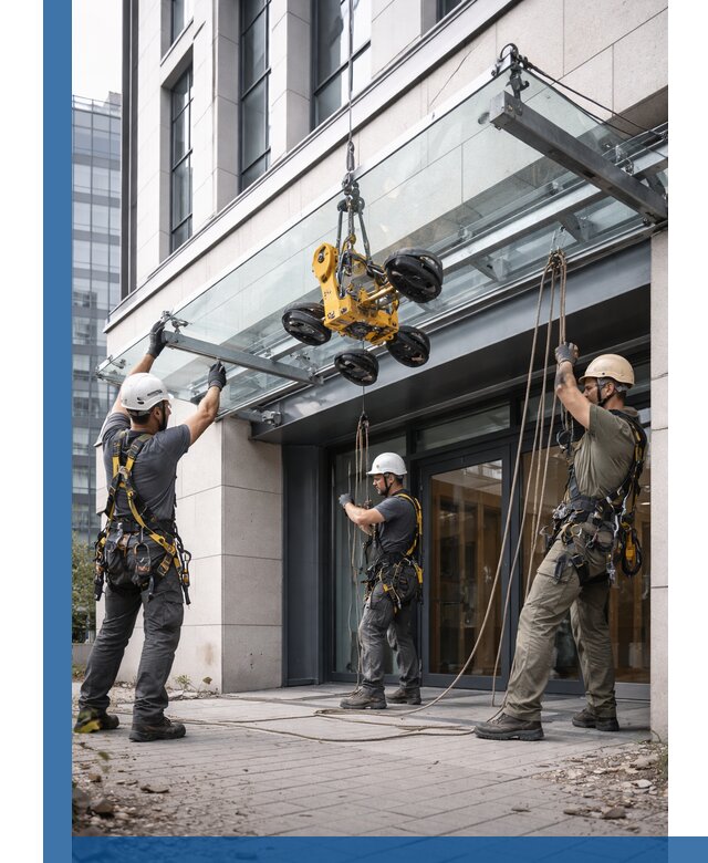 Монтаж стеклянных козырьков под ключ в Южноуральске для зданий