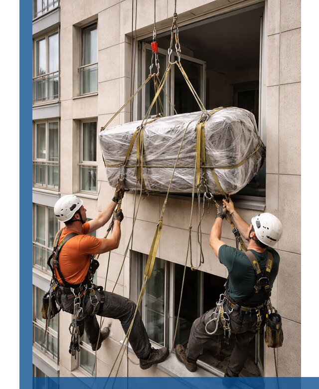 Подъем грузов через окно в Южноуральске промышленными альпинистами