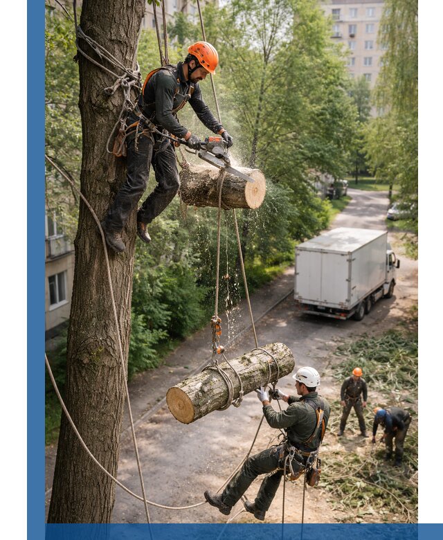 Спил деревьев альпинистами в Южноуральске, безопасно и без повреждений