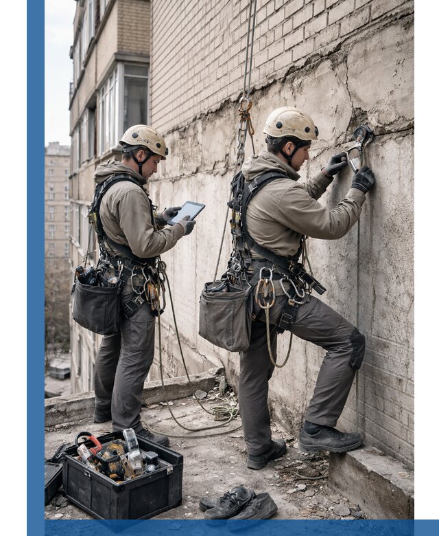 Обследование фасада промышленными альпинистами в Южноуральске